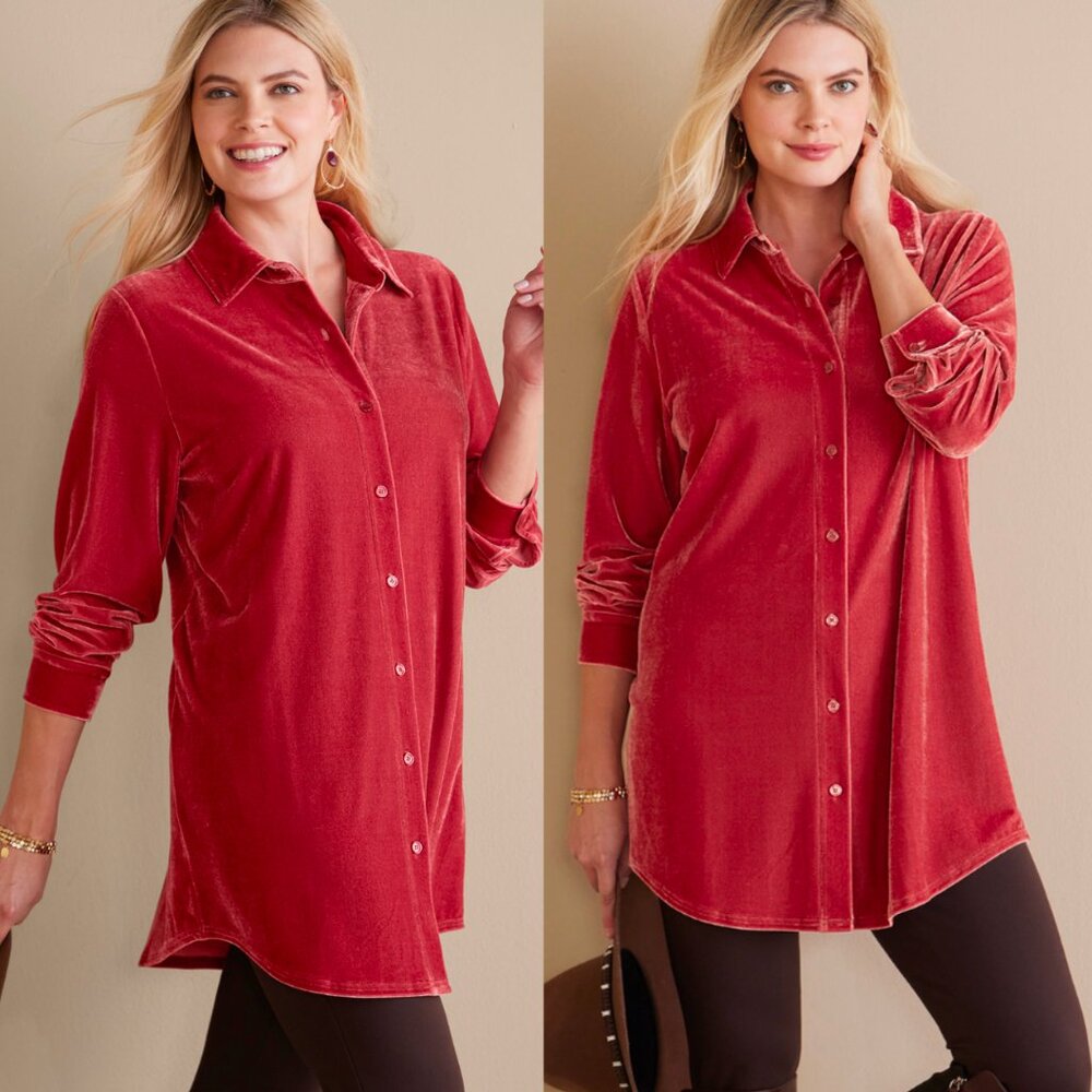 SOFT SURROUNDINGS Velvet Boyfriend Tunic Shirt Garnet Red Button Up Soft Medium